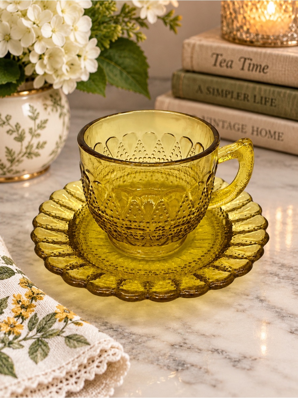Vintage Amber Pressed Glass Teacup & Saucer Scalloped Hobnail Tea Set